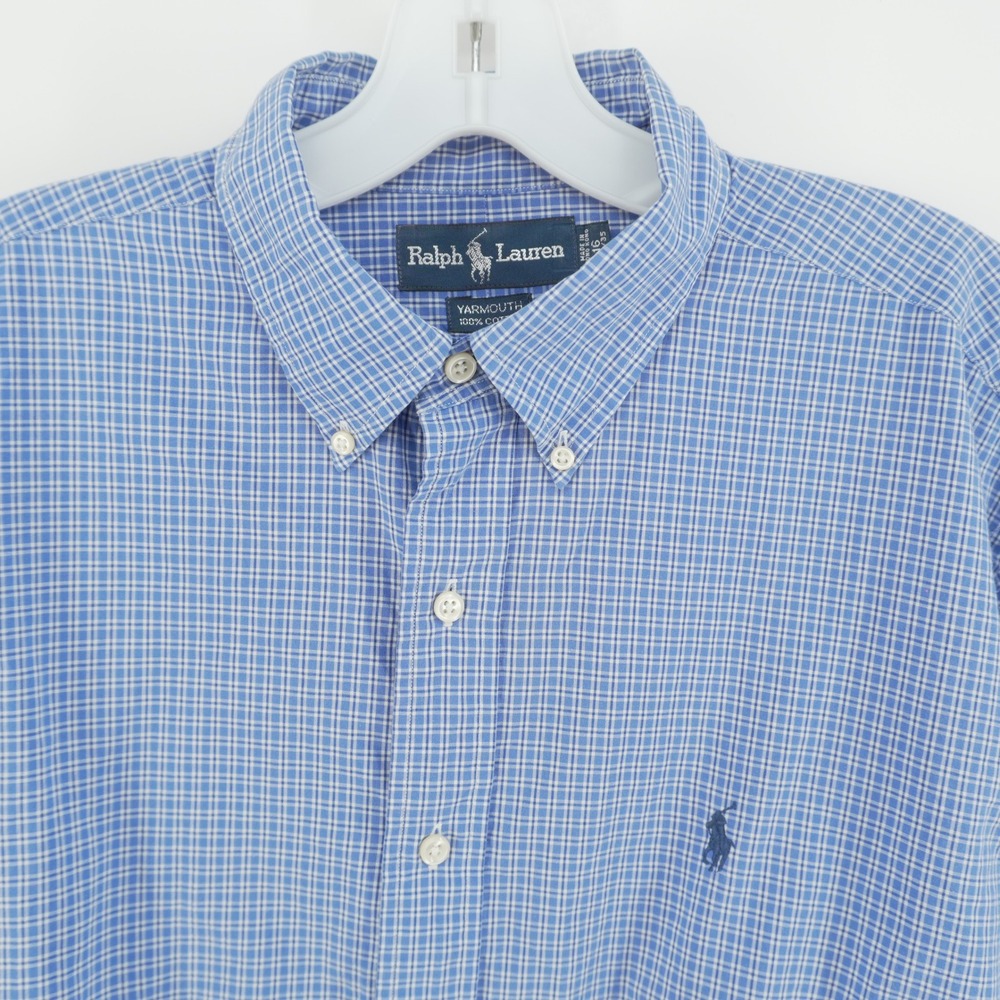 Ralph Lauren Button Down Shirt Mens 16 34/35 Blue White Yarmouth Micro Check